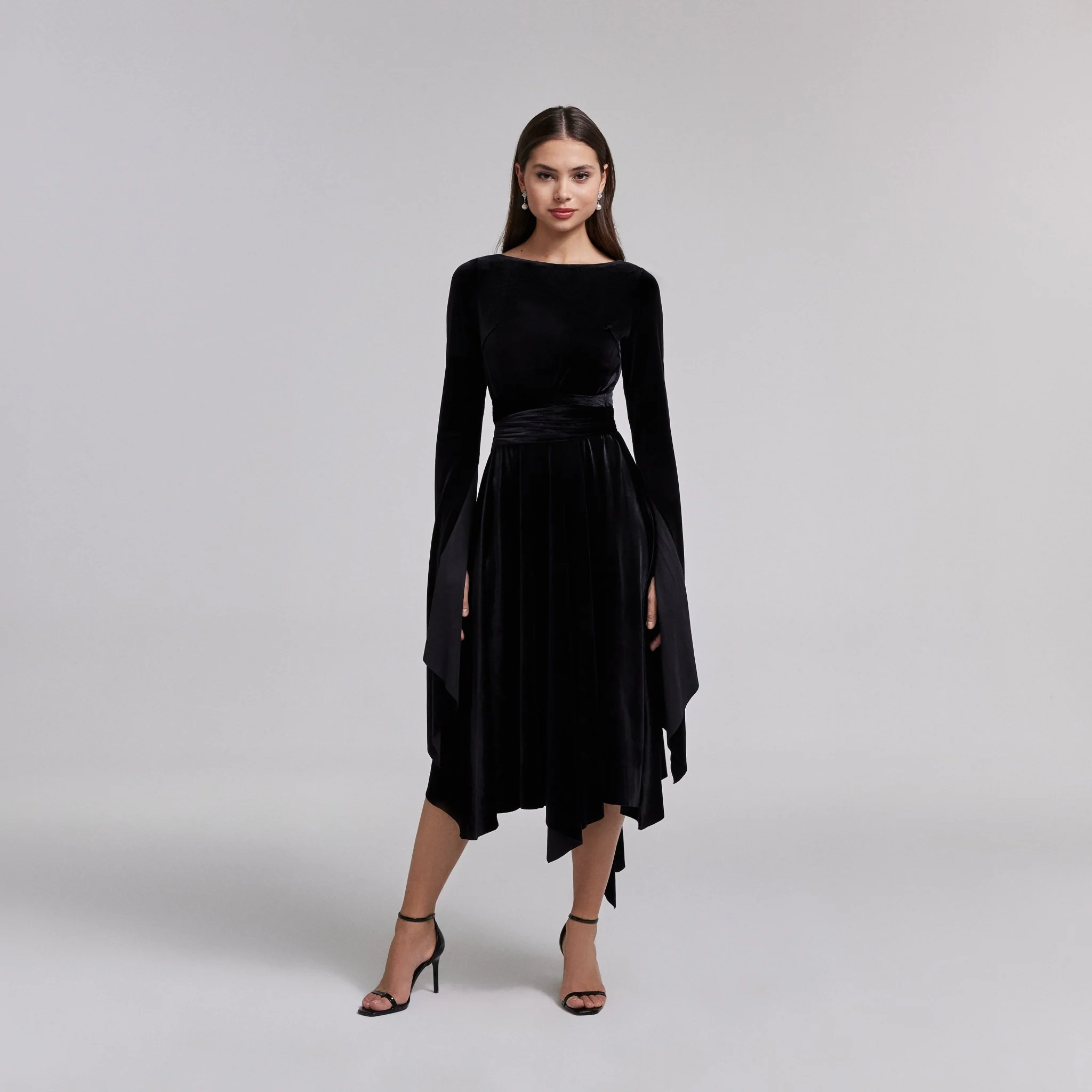 Black Cape Sleeve Twist-Waist Velvet Dress - Image 3