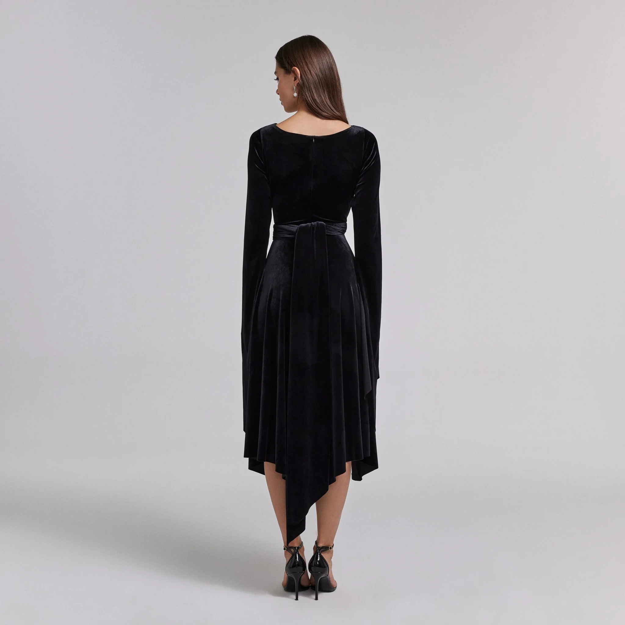 Black Cape Sleeve Twist-Waist Velvet Dress - Image 4