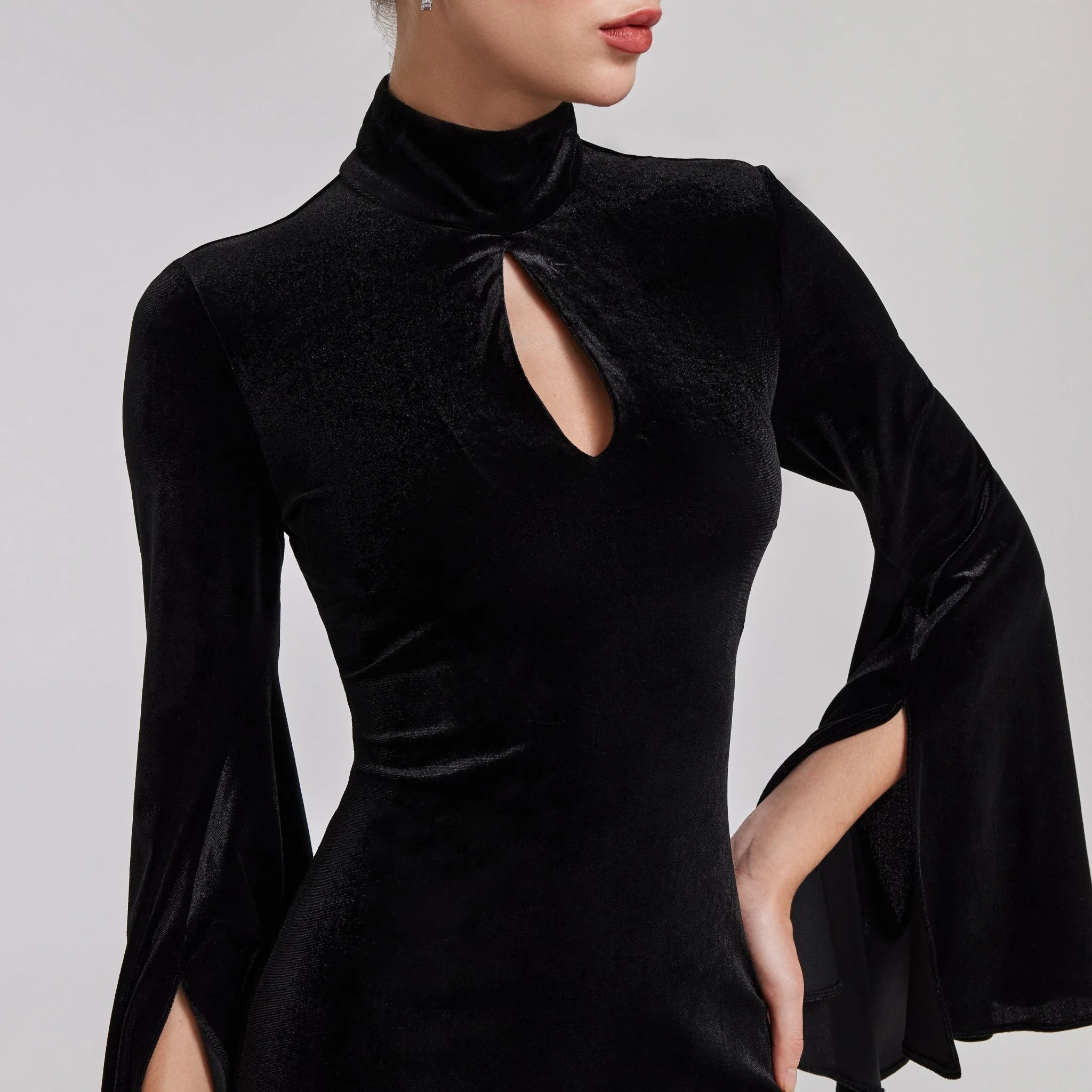 Black High Neck Flared Sleeve Velvet Dress - Image 4