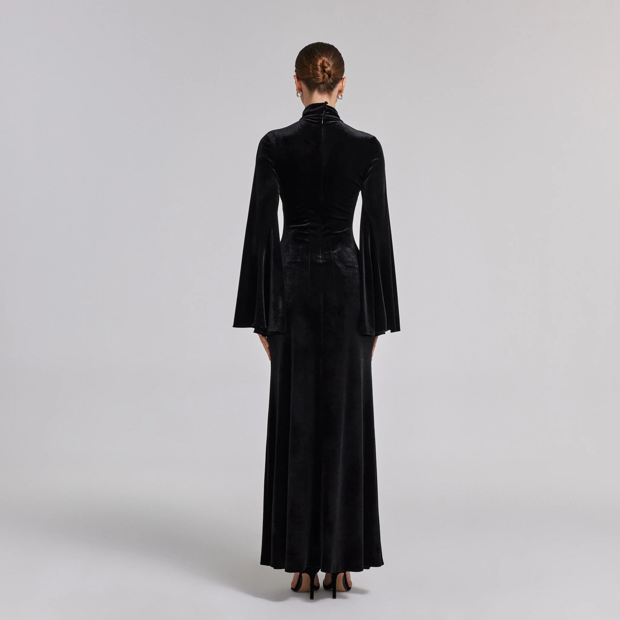 Black High Neck Flared Sleeve Velvet Dress - Image 5
