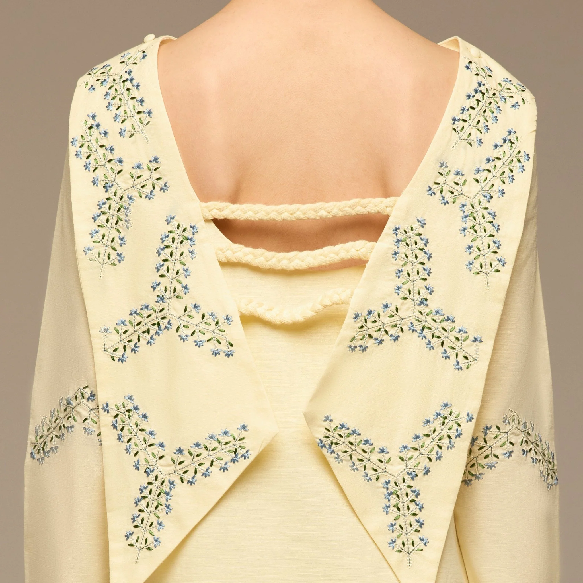 Butter Yellow Embroidered Neckline and Sleeve Linen Dress - Image 4