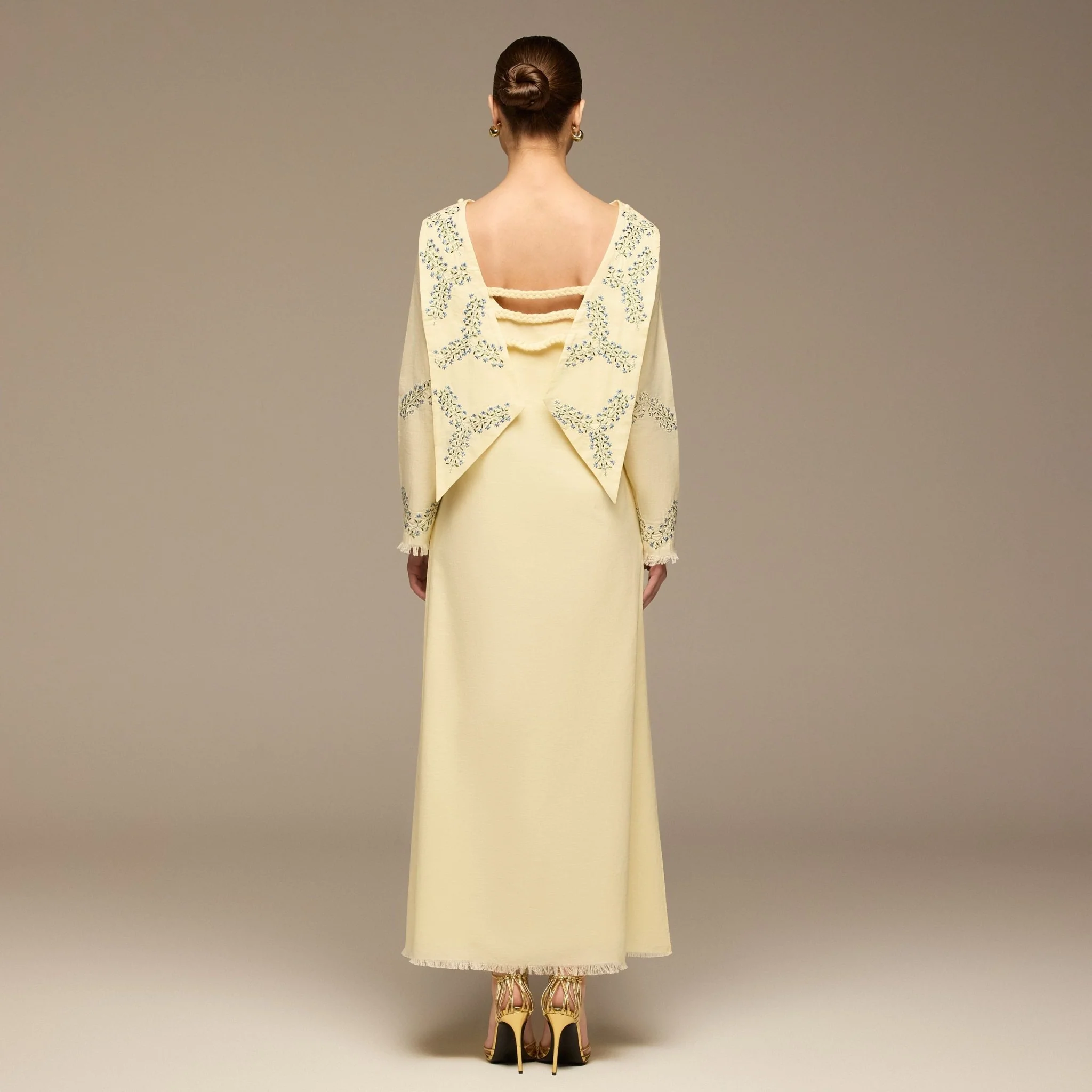 Butter Yellow Embroidered Neckline and Sleeve Linen Dress - Image 6
