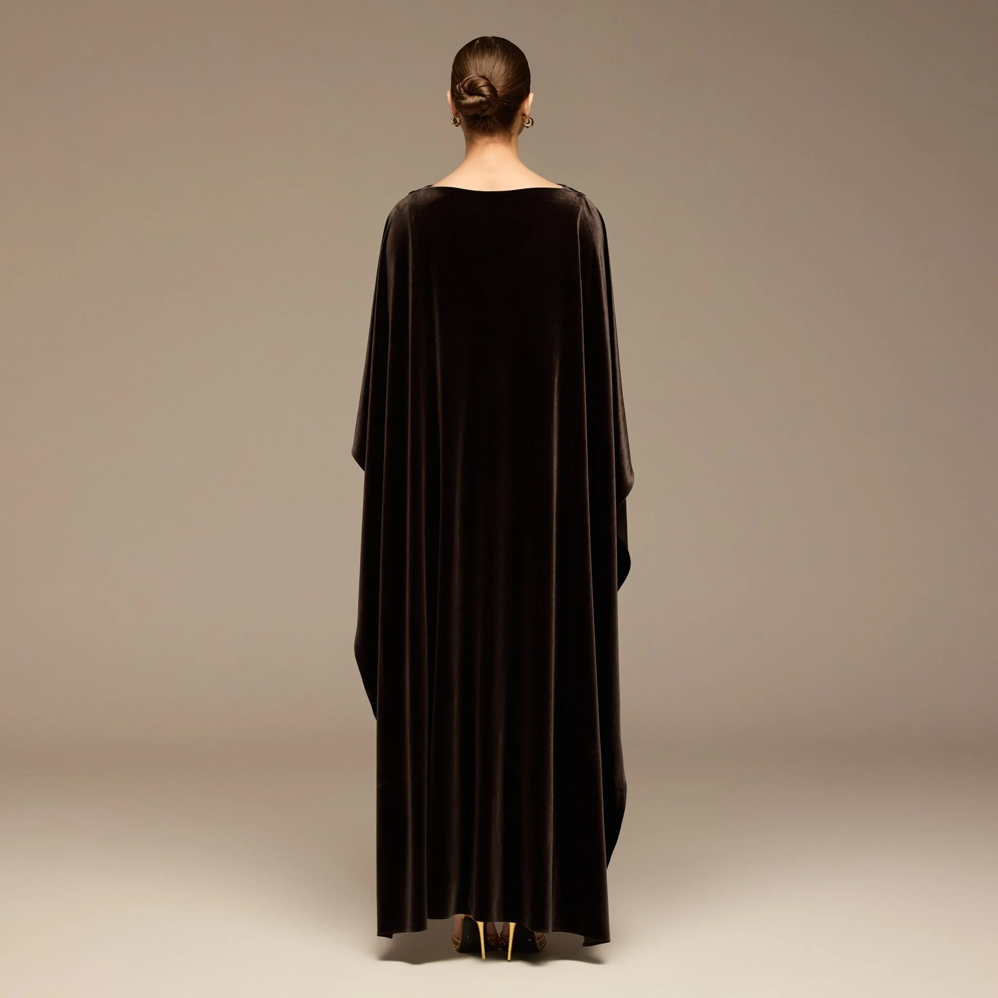 Dark Brown Boat Neck Velvet Kaftan - Image 5
