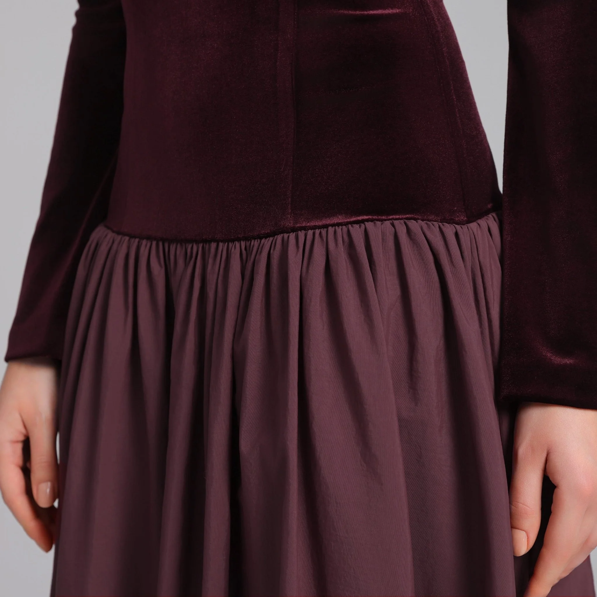 Burgundy Dropped Shoulder A-line Velvet-Taffeta Dress - Image 3