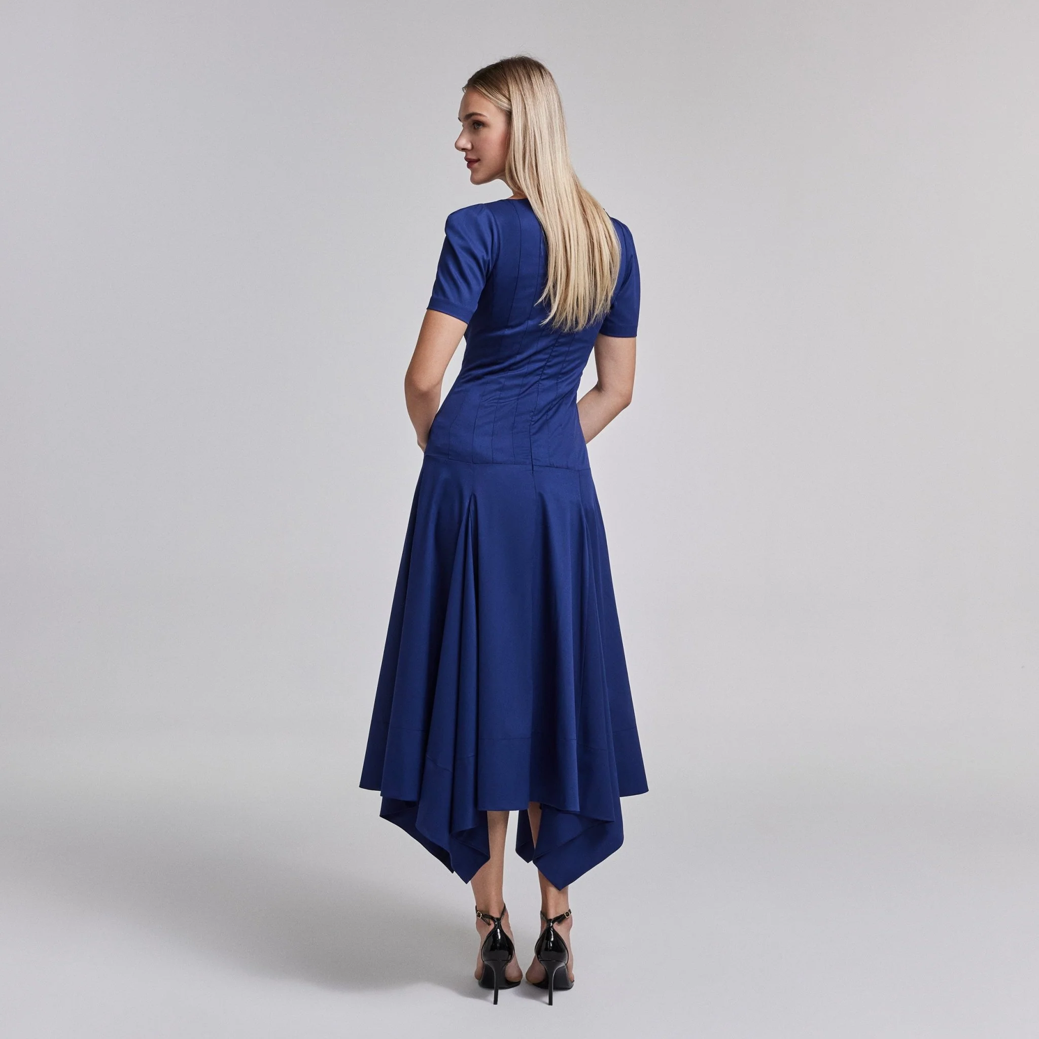 Fitted Waist Flared Twill Midi Dress - Image 4