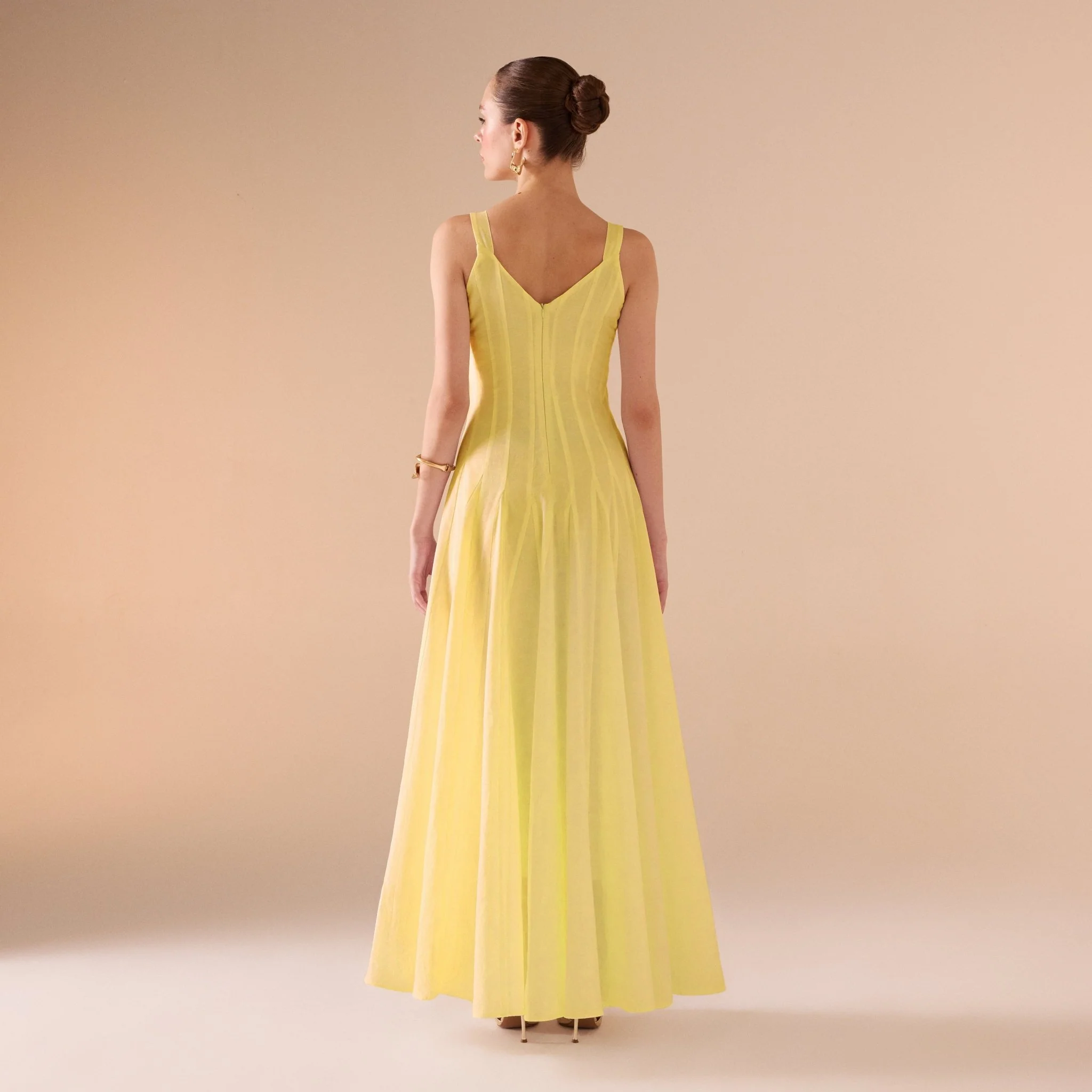 Yellow Fitted Waist Maxi Linen Dress - Image 5