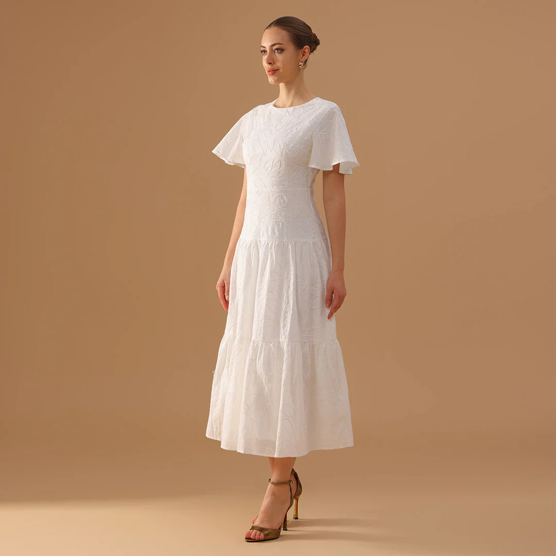 White Flared Short Sleeve Cotton Midi Dress - Image 3
