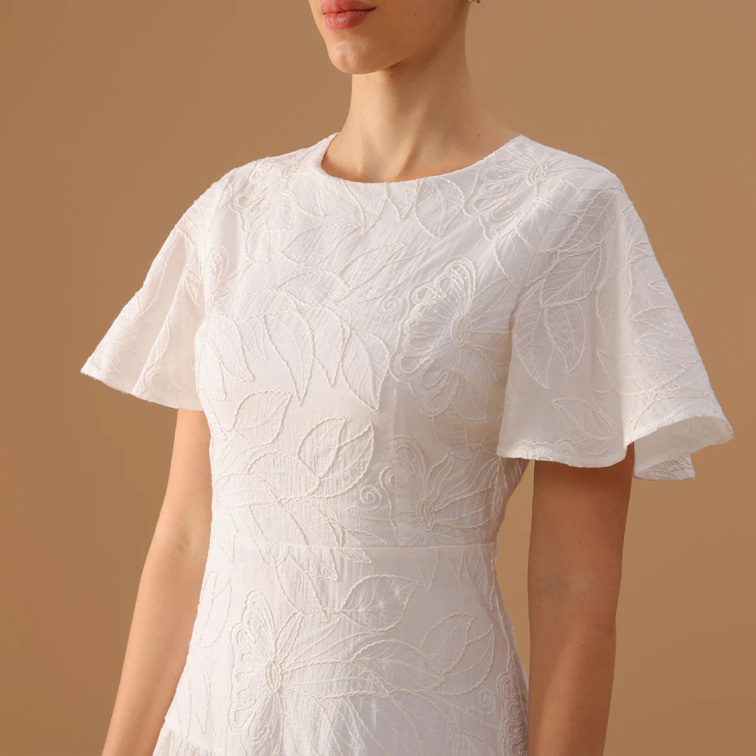 White Flared Short Sleeve Cotton Midi Dress - Image 4