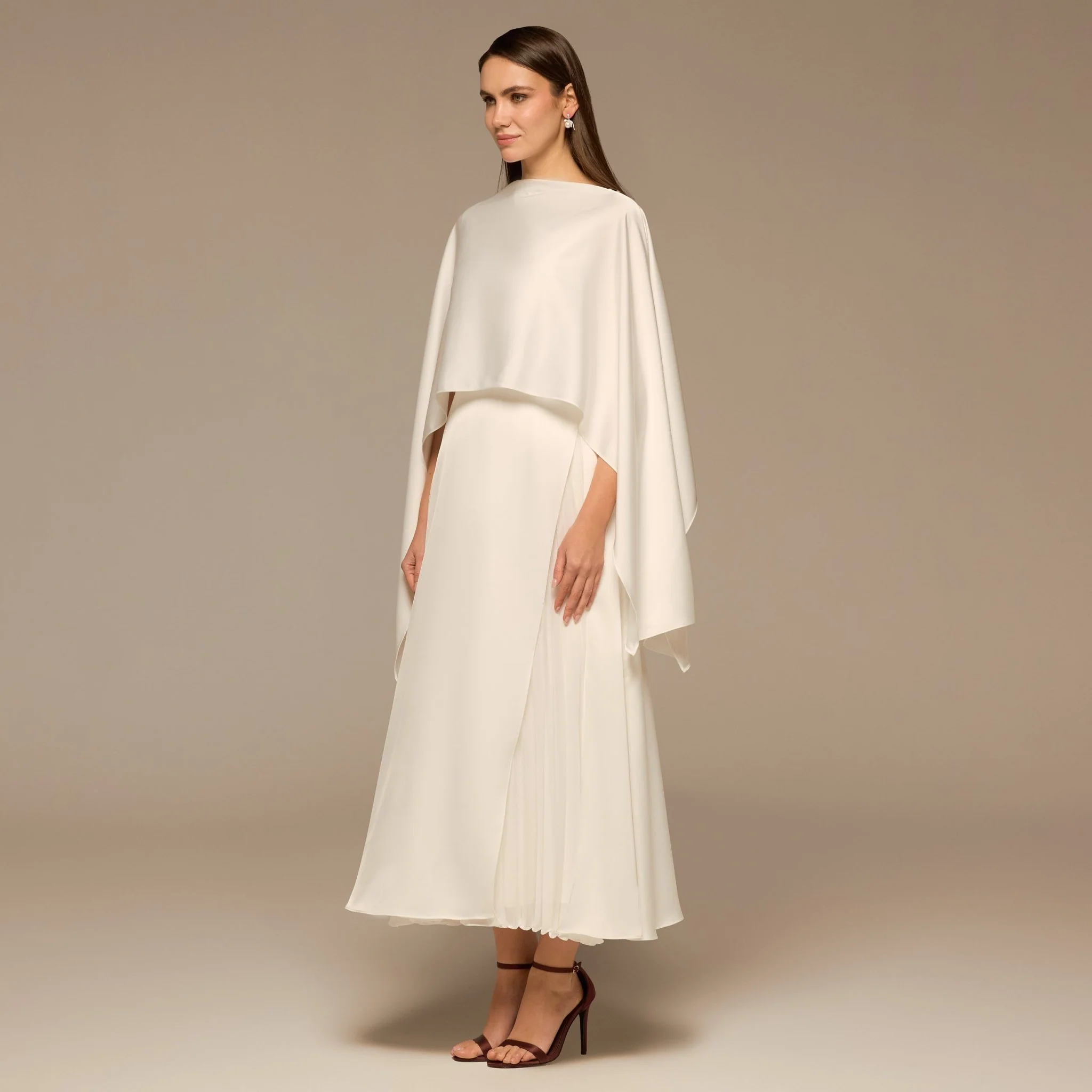Ivory Satin Dress with Cape Sleeves - Image 3
