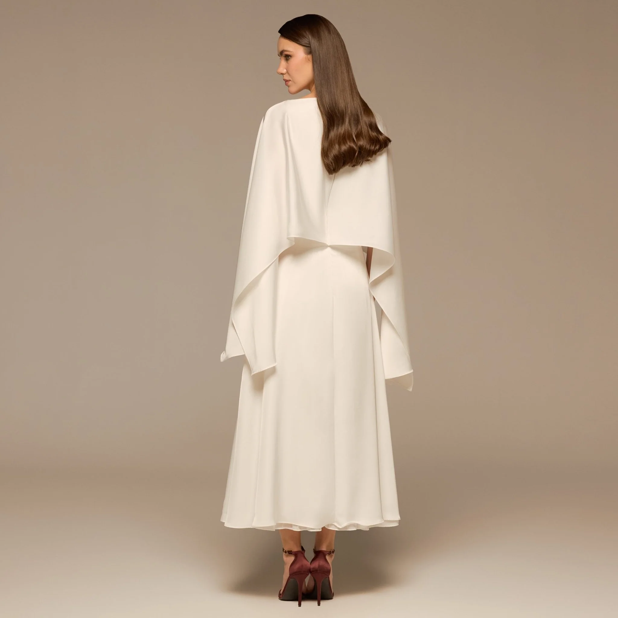 Ivory Satin Dress with Cape Sleeves - Image 5