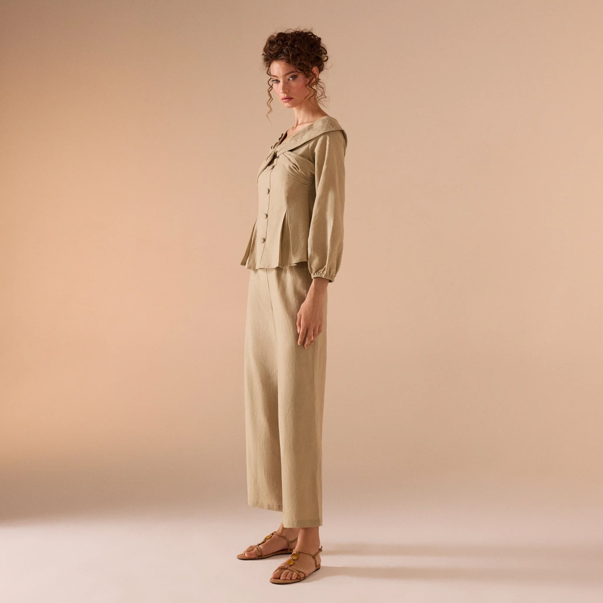 Khaki Linen Top with Chest Detail - Image 4