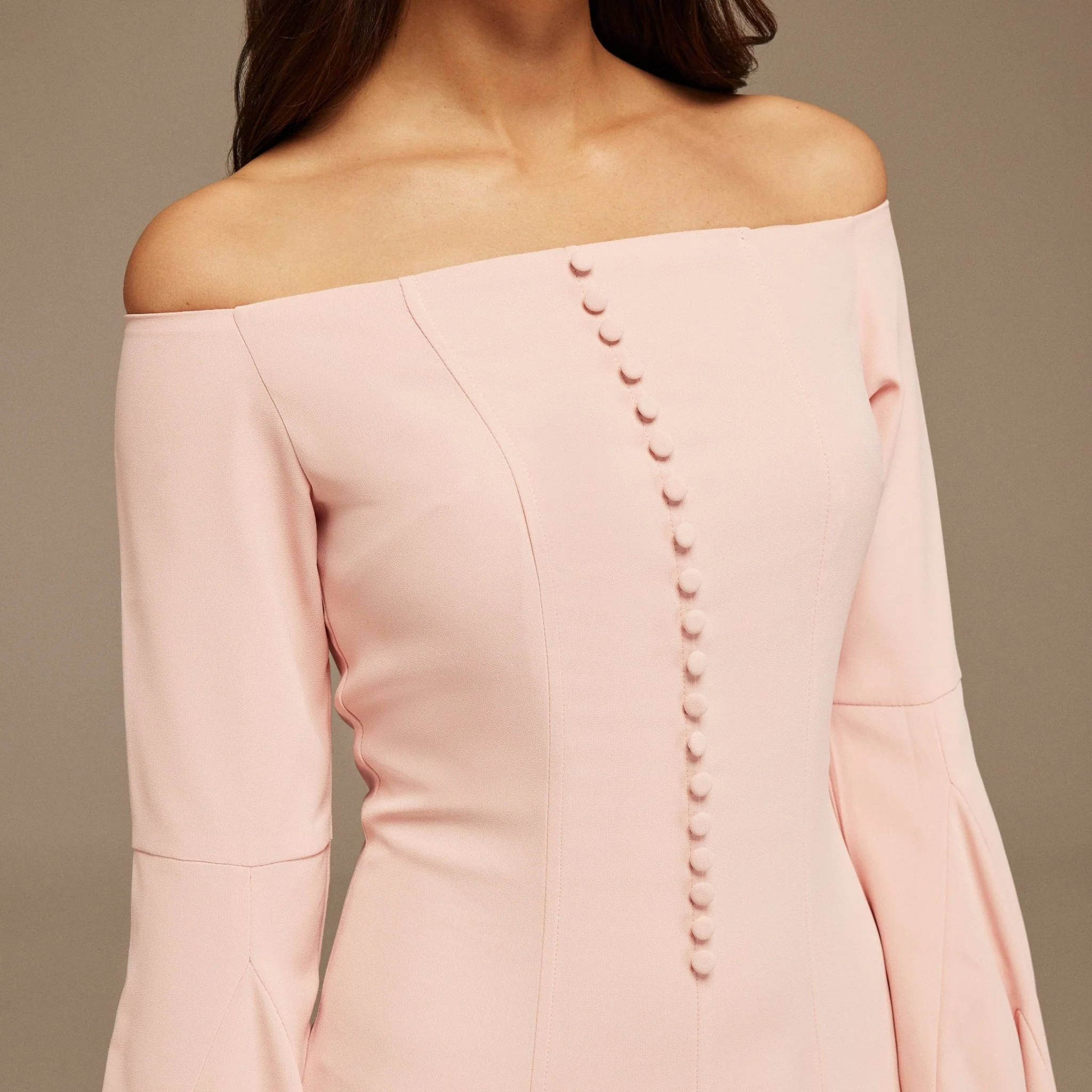 Pink Off-Shoulder Aline Midi Crepe Dress - Image 3