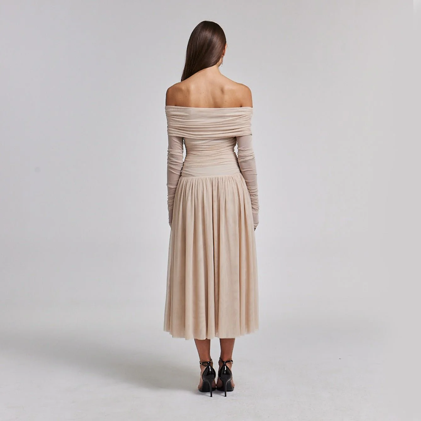 Nude Off Shoulder Gathered Waist Midi Dress - Image 3