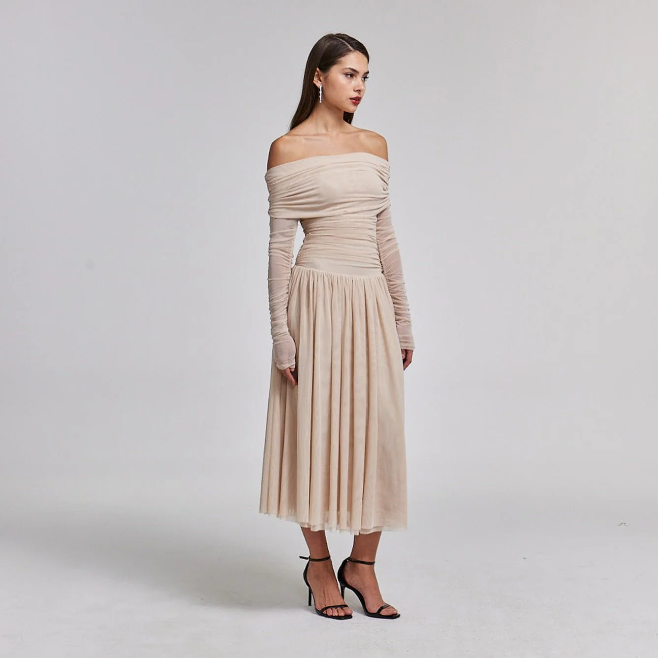 Nude Off Shoulder Gathered Waist Midi Dress - Image 4