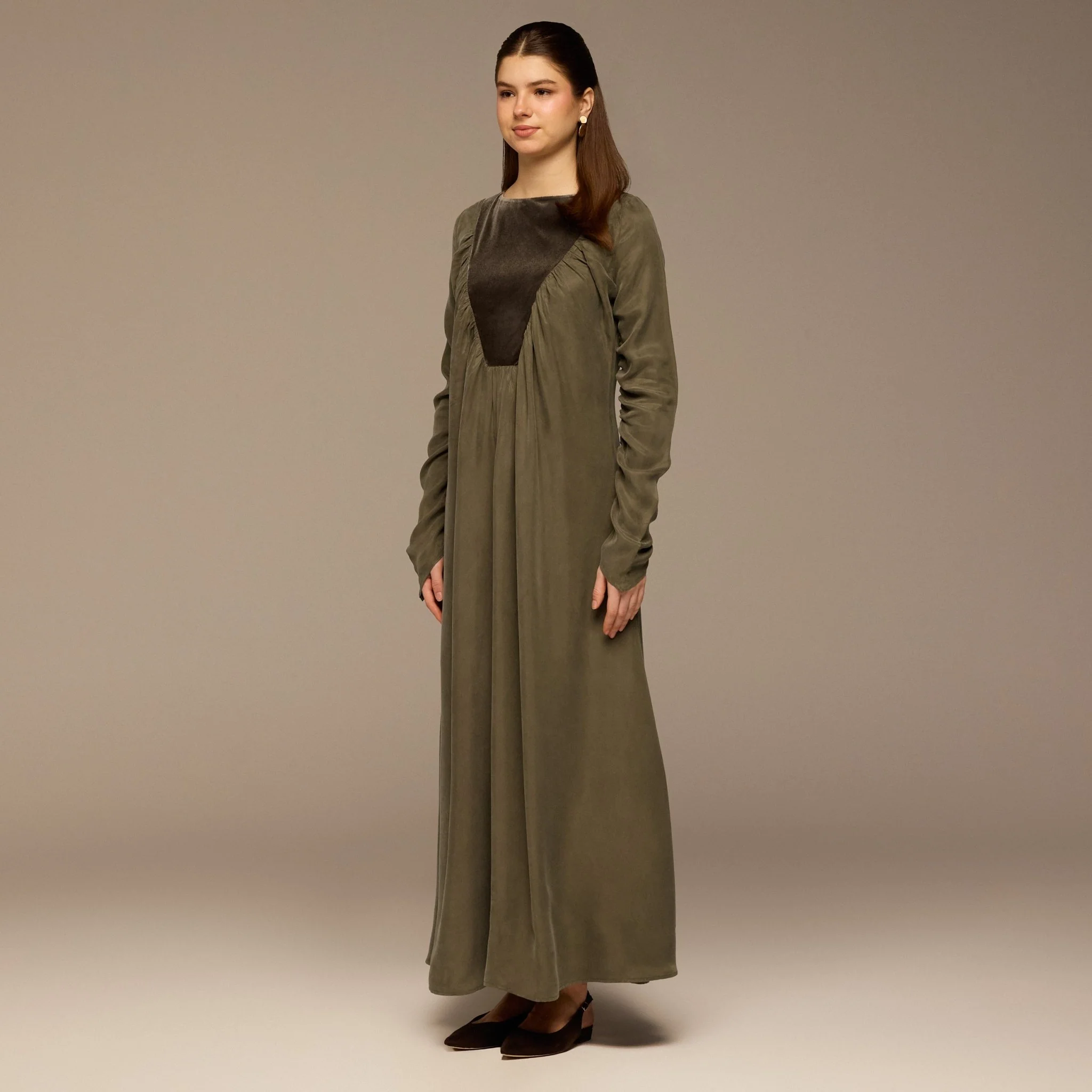 Olive Cupro Dress with Velvet Panel Detail - Image 3