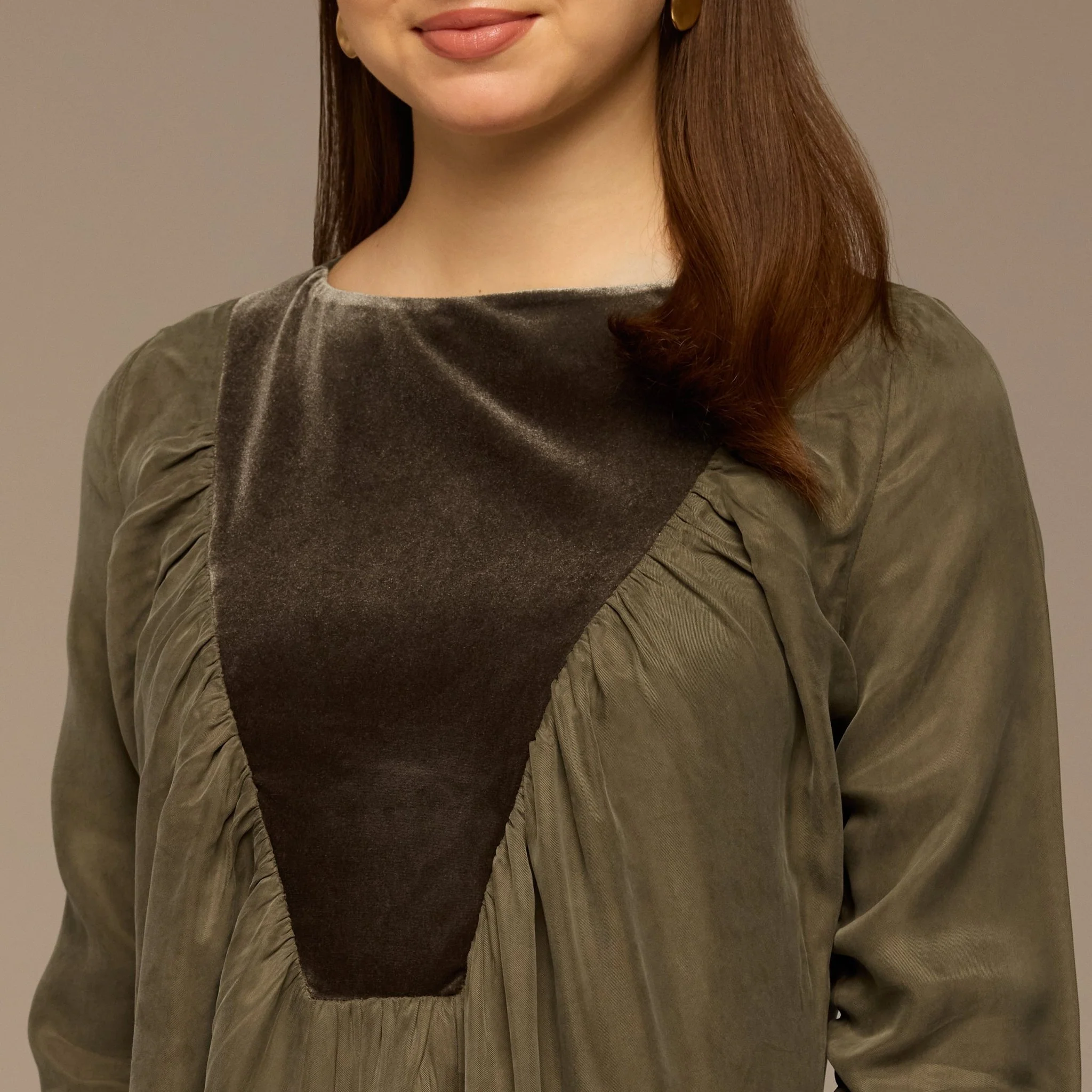 Olive Cupro Dress with Velvet Panel Detail - Image 4
