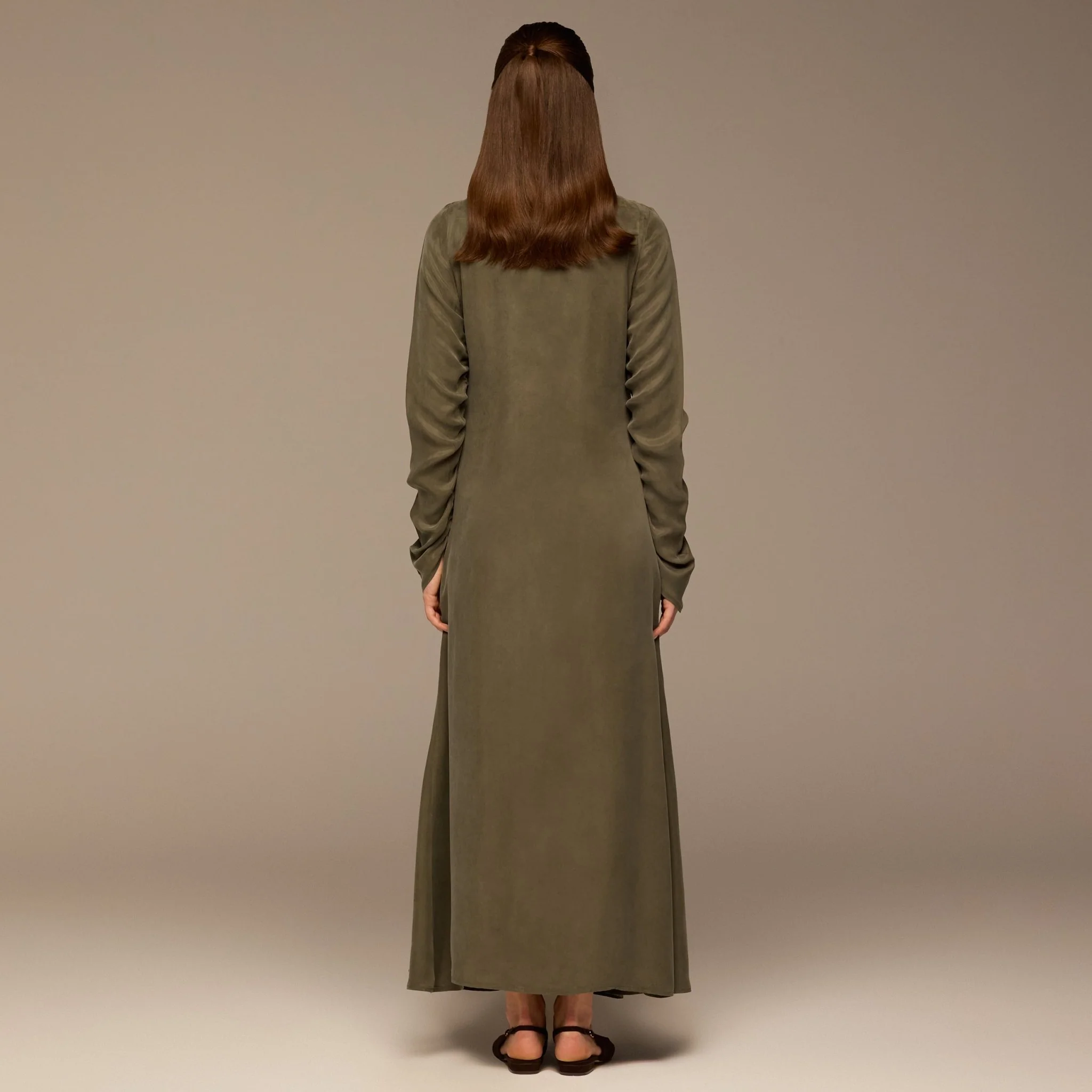 Olive Cupro Dress with Velvet Panel Detail - Image 5