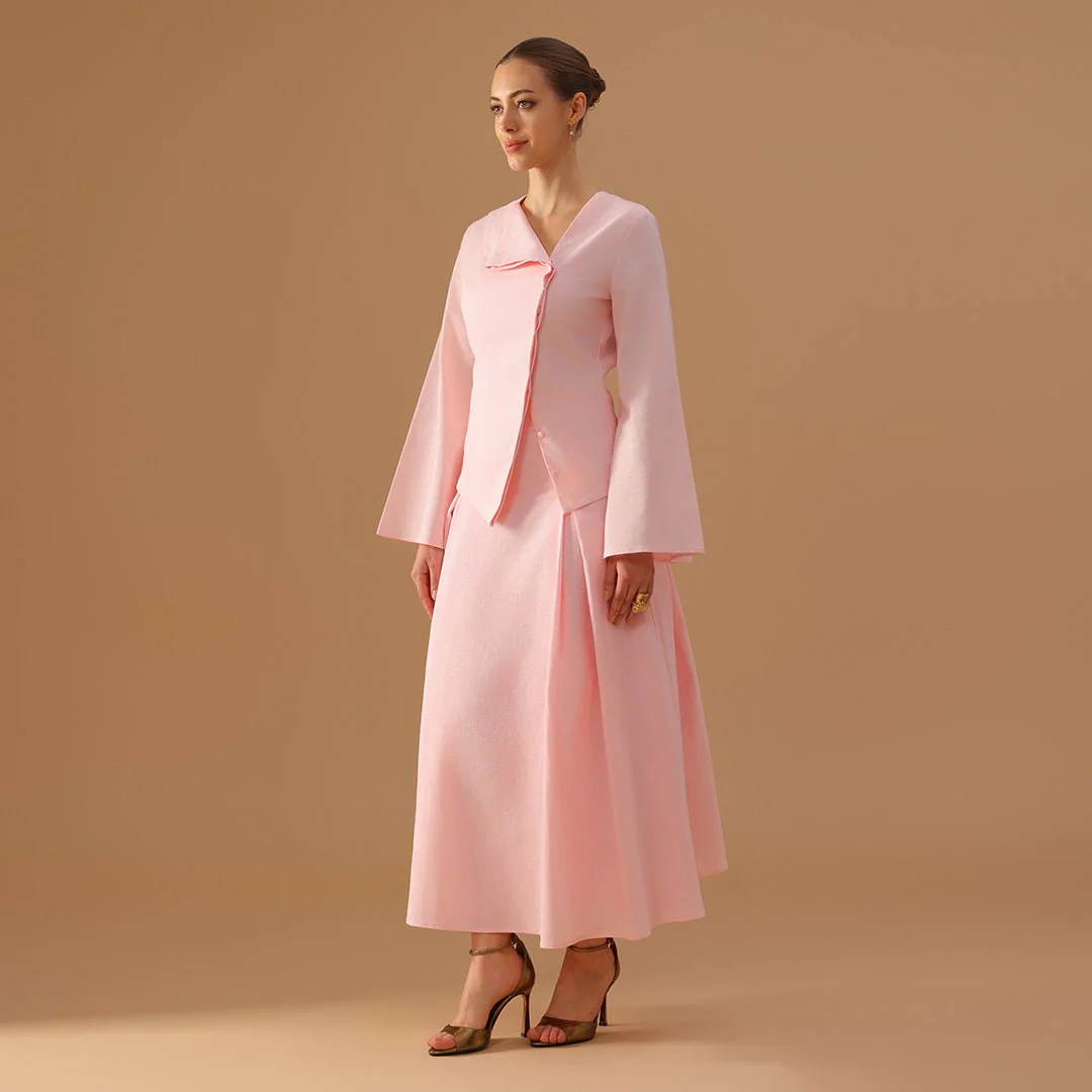 Pink Long-Sleeve Linen Blend set Top And Skirt - Image 3