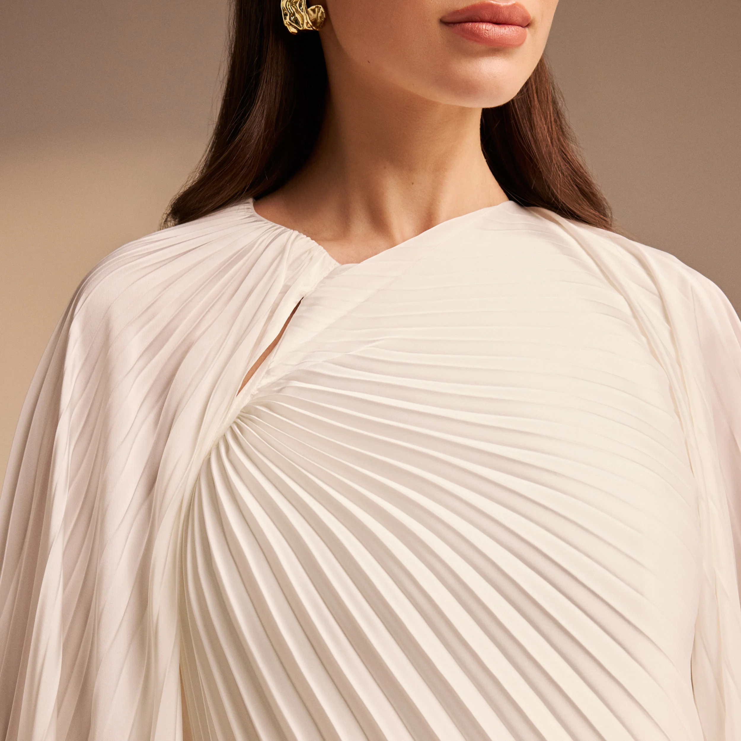 Ivory Cape Pleated Satin Midi Dress - Image 3