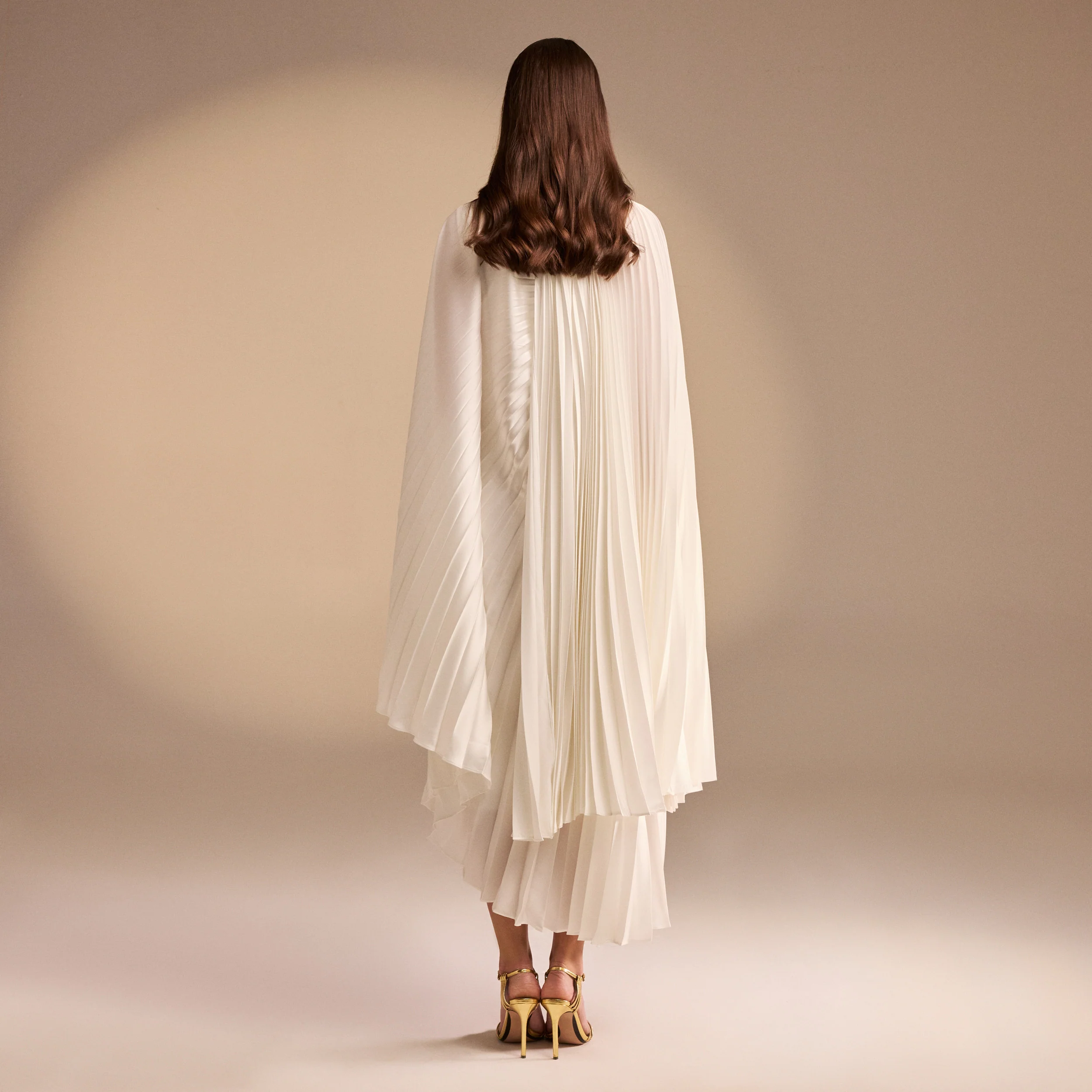 Ivory Cape Pleated Satin Midi Dress - Image 4