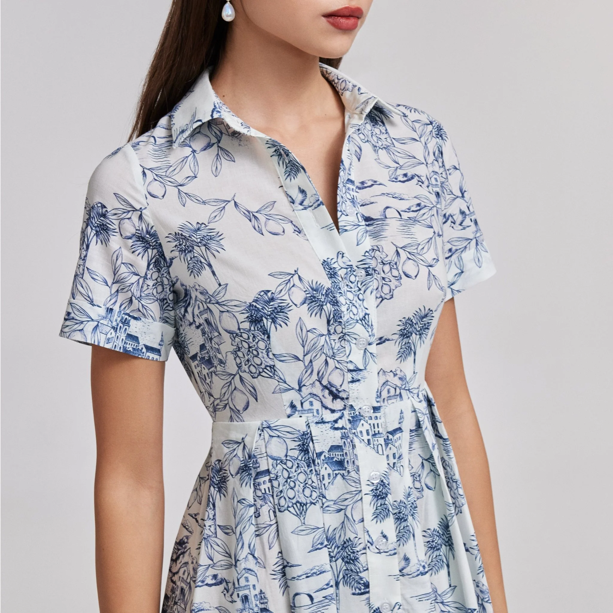 Blue and White Printed Cotton Midi Dress - Image 3