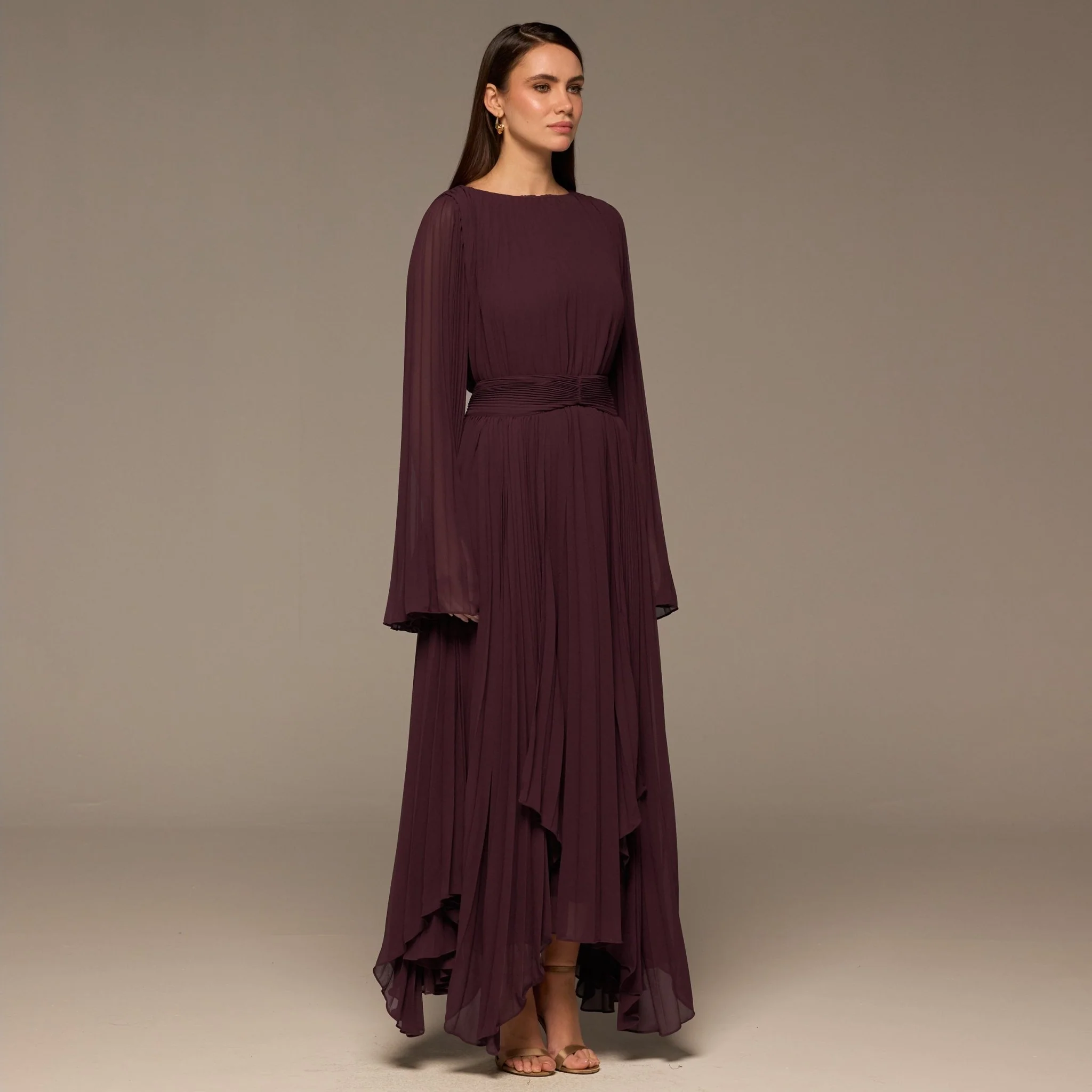 Purple Pleated Long Sleeve Chiffon Maxi Dress - Image 3