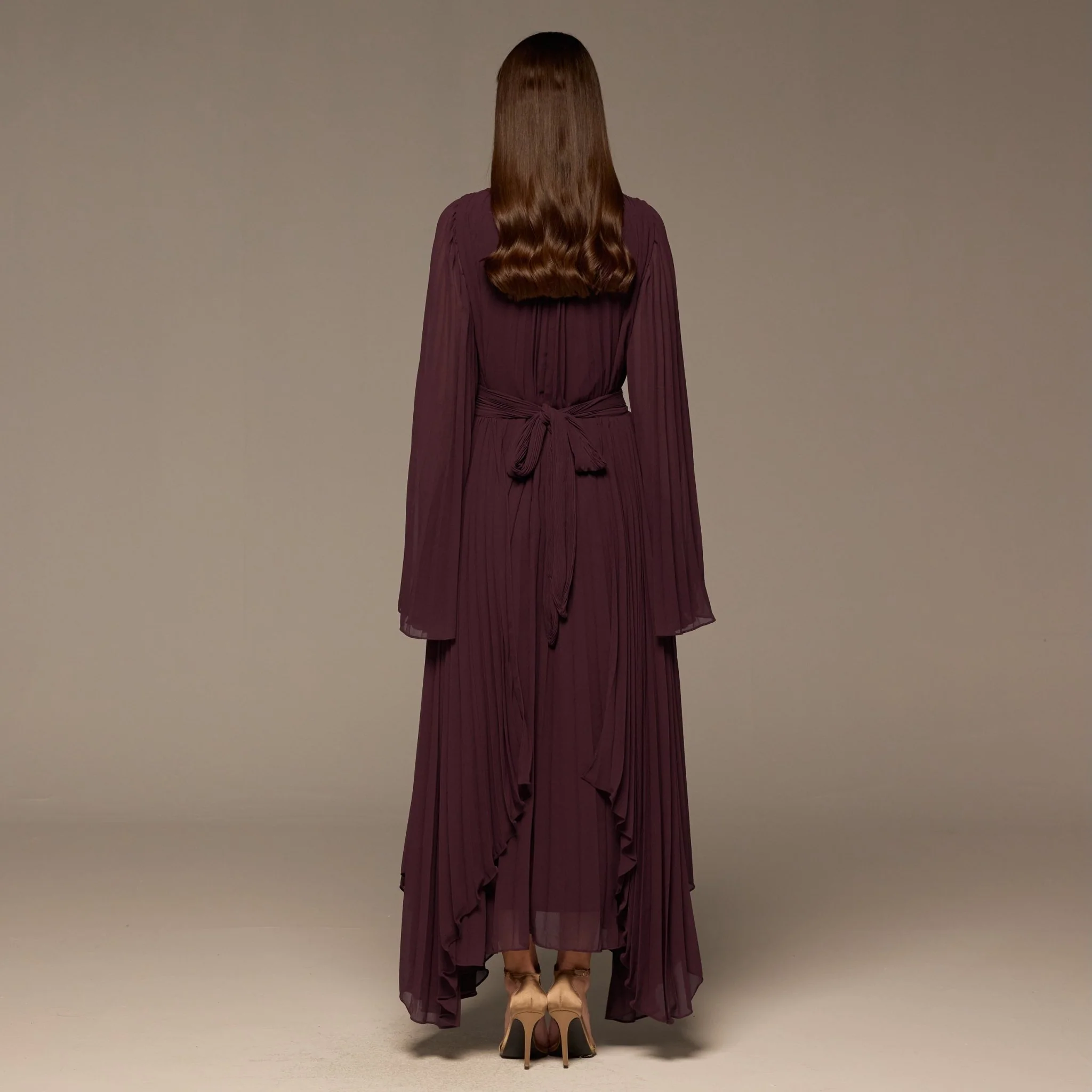 Purple Pleated Long Sleeve Chiffon Maxi Dress - Image 5