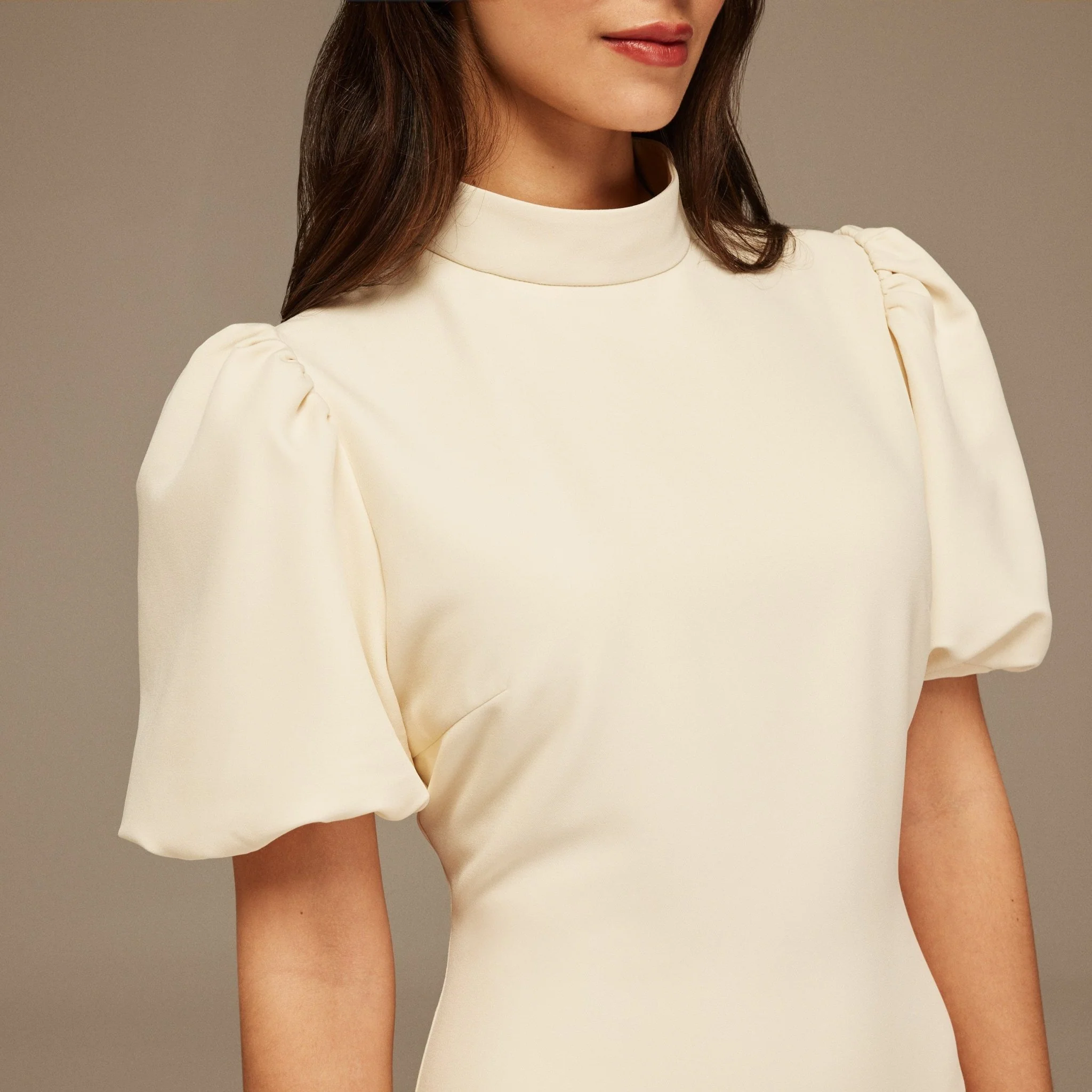 Short Puffy Sleeve Midi Crepe Dress - Image 3