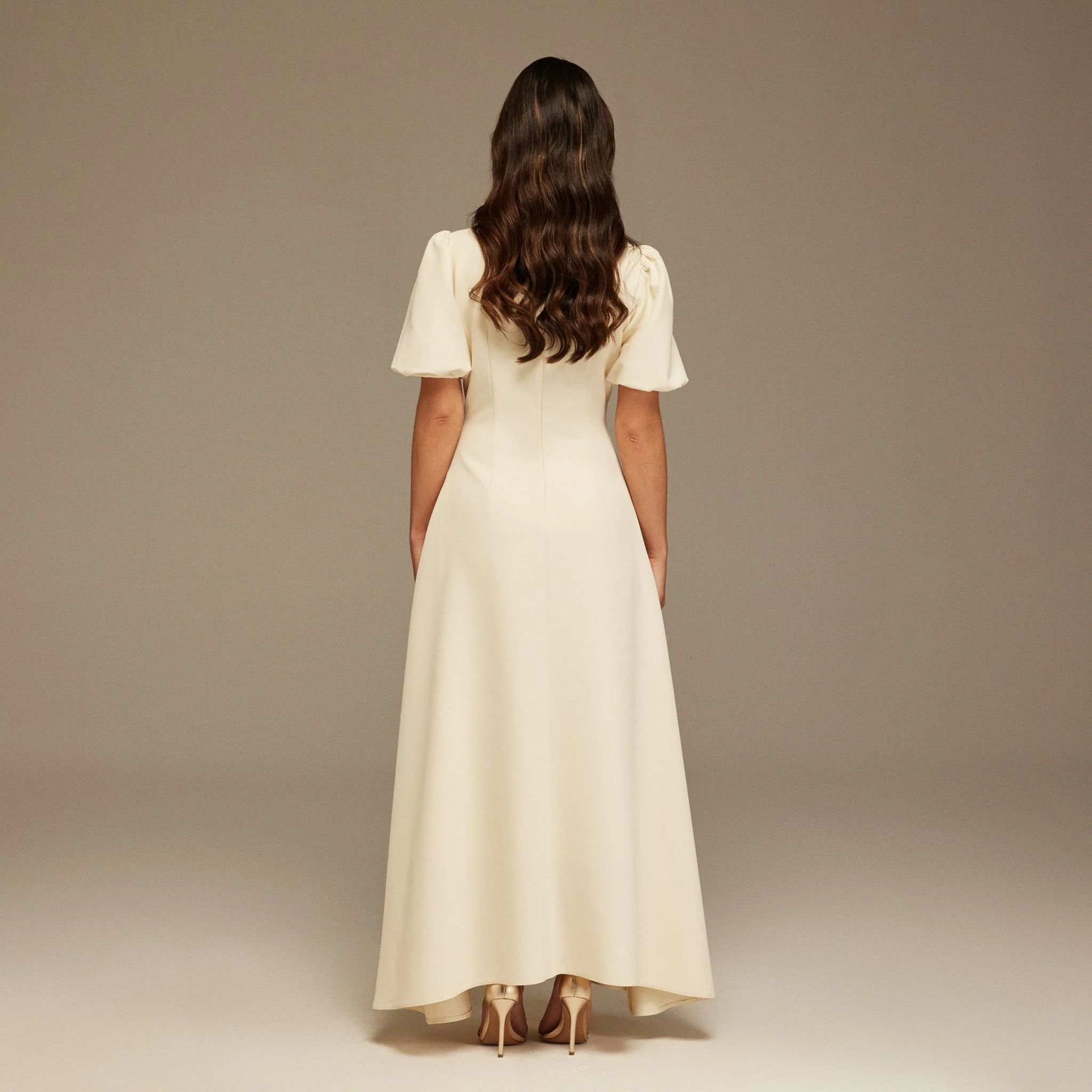 Short Puffy Sleeve Midi Crepe Dress - Image 4