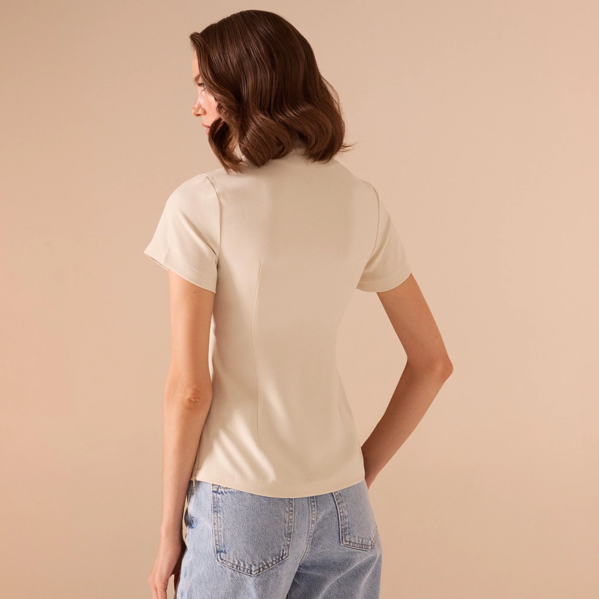 Beige Short Sleeve Cut Out Top - Image 3