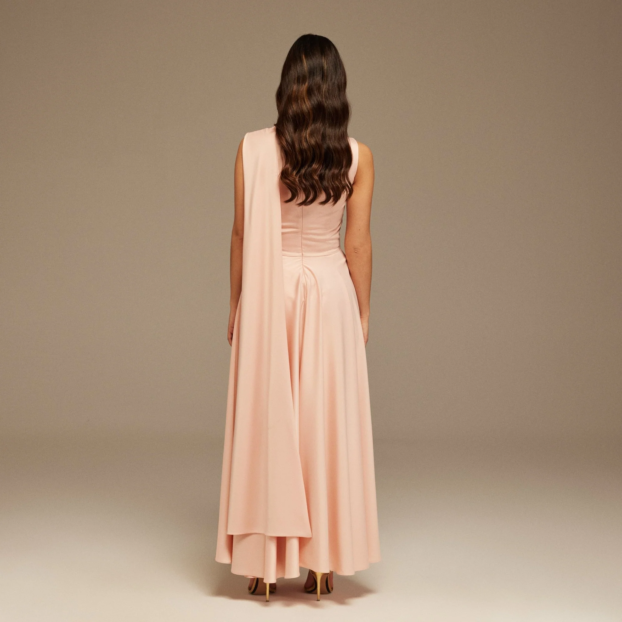 Pink Sleeveless Satin Maxi Dress With Scarf - Image 4
