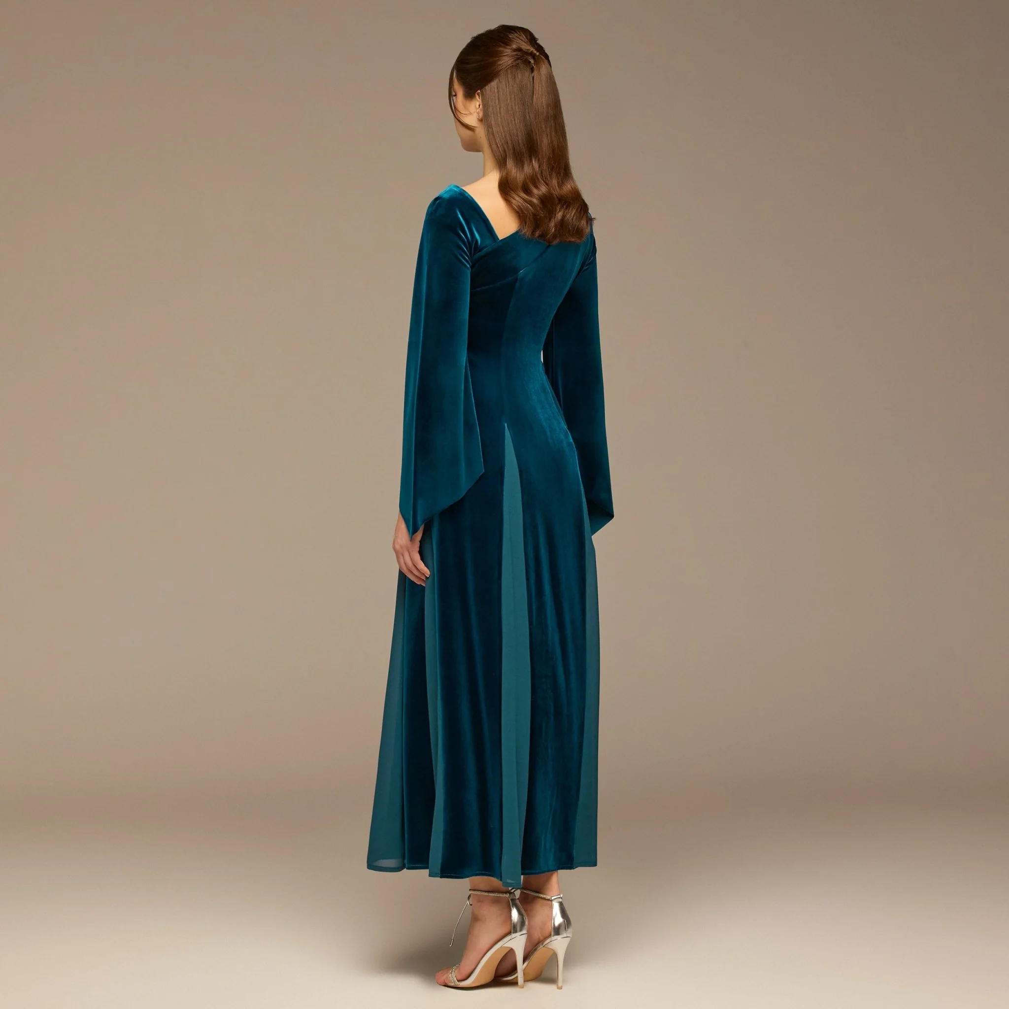 Teal Velvet Chiffon One-Shoulder Maxi Dress - Image 5