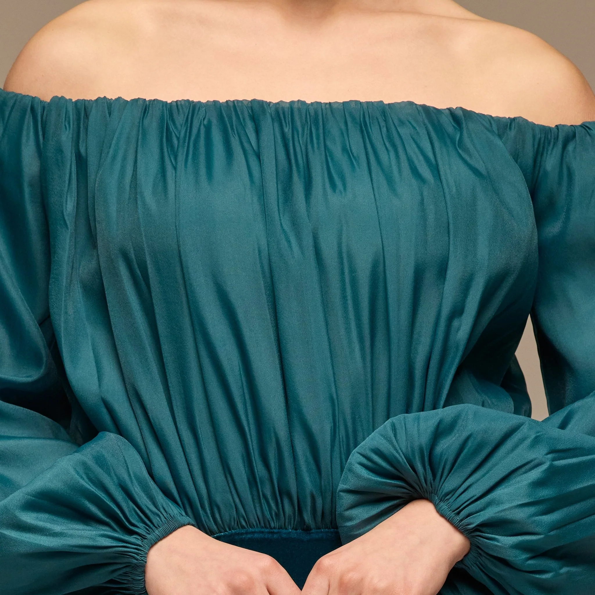 Teal Off-Shoulder Embroidered Organza & Velvet Dress - Image 4