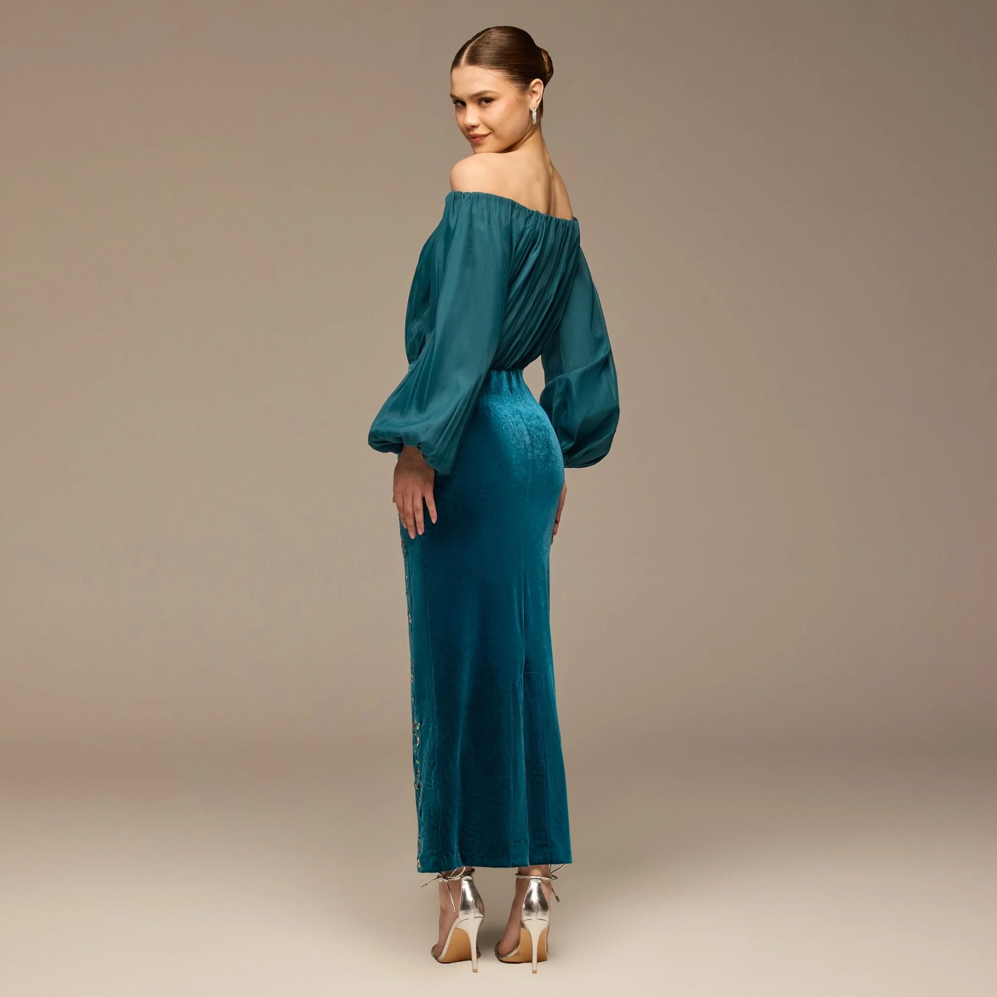 Teal Off-Shoulder Embroidered Organza & Velvet Dress - Image 5
