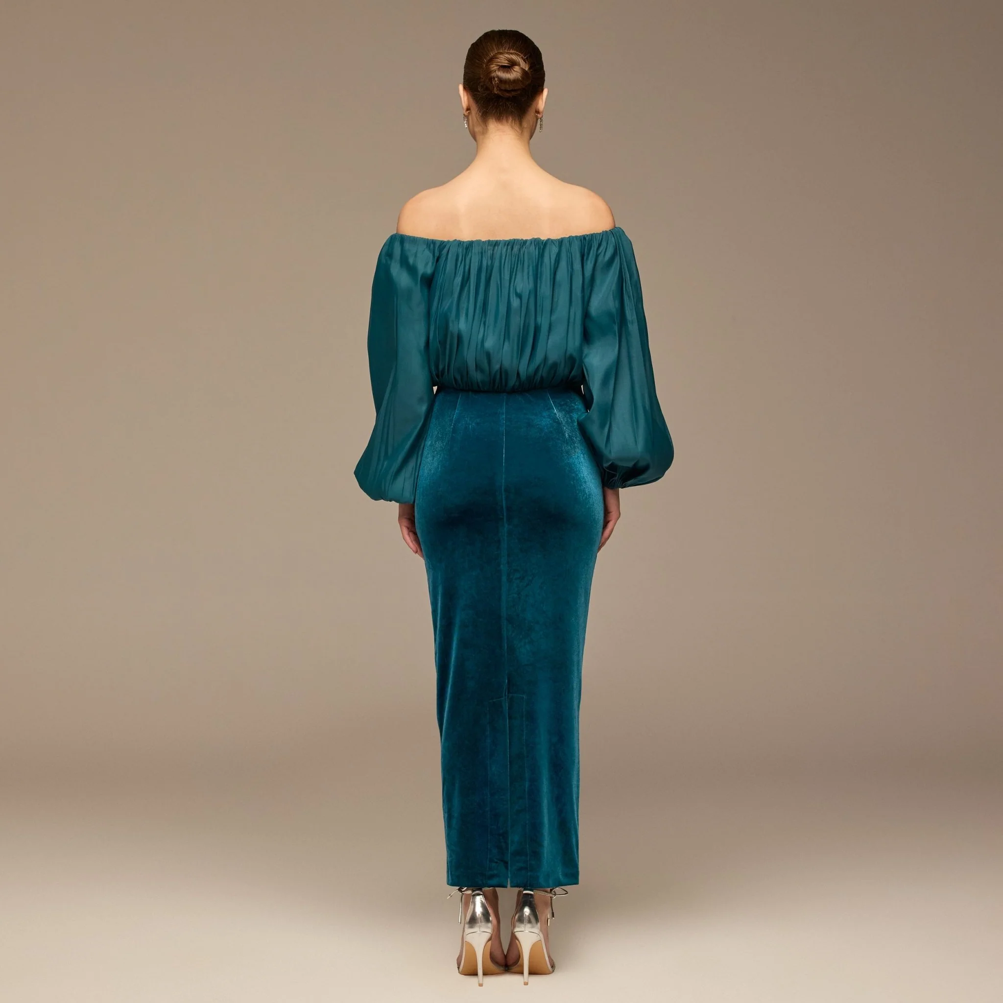 Teal Off-Shoulder Embroidered Organza & Velvet Dress - Image 6