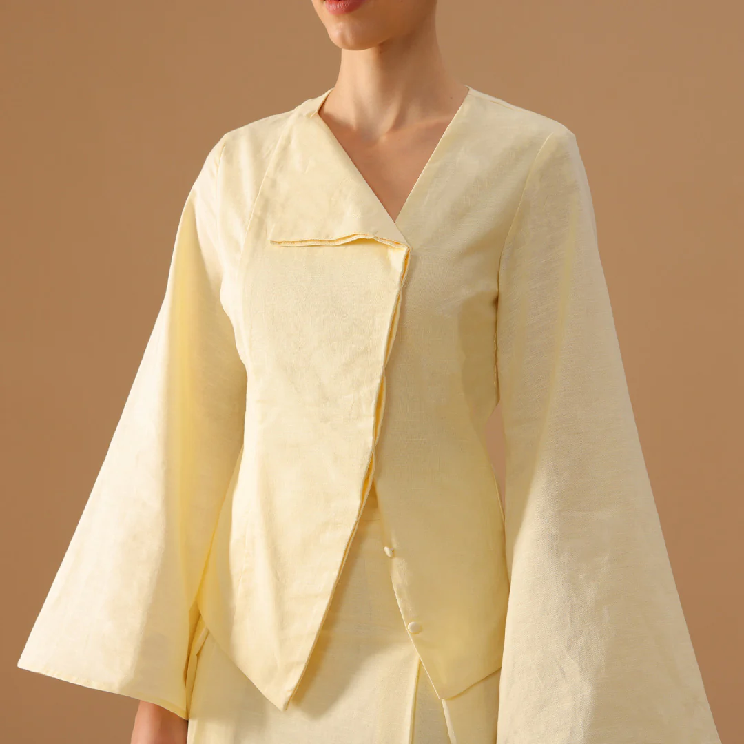 Yellow Long-sleeve linen blend set Top And Skirt - Image 3