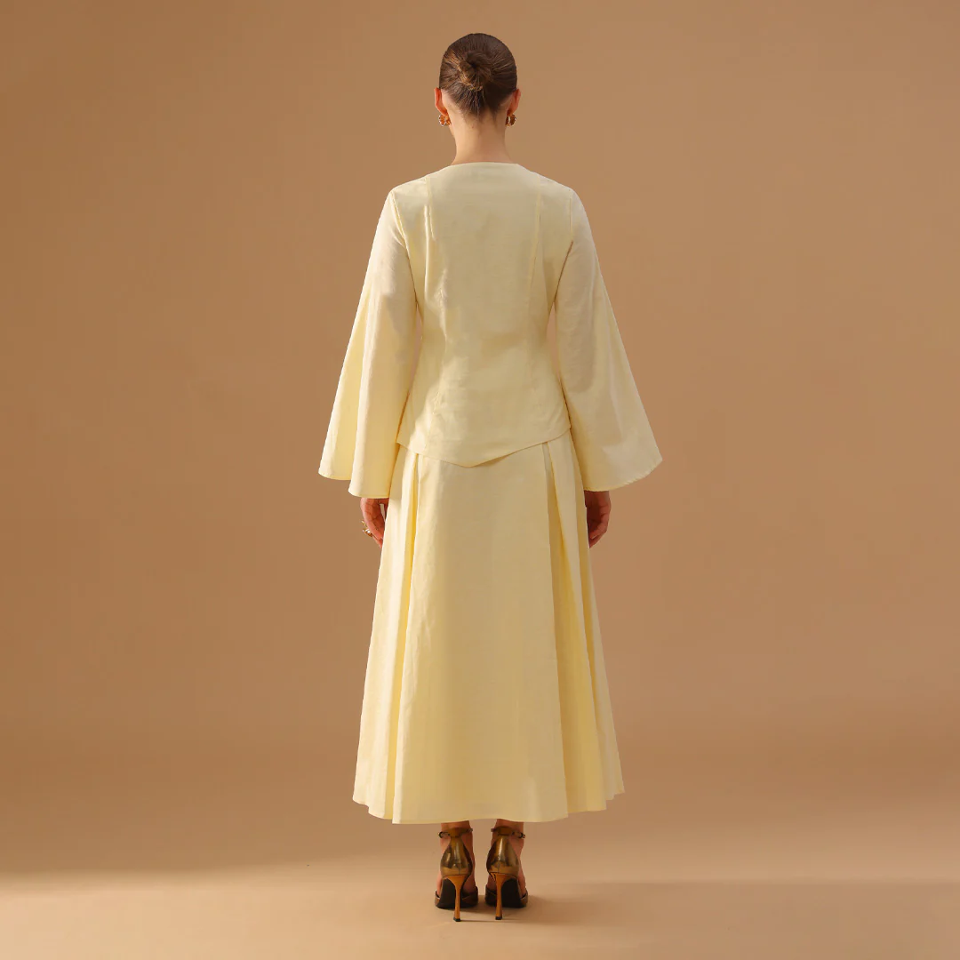 Yellow Long-sleeve linen blend set Top And Skirt - Image 4
